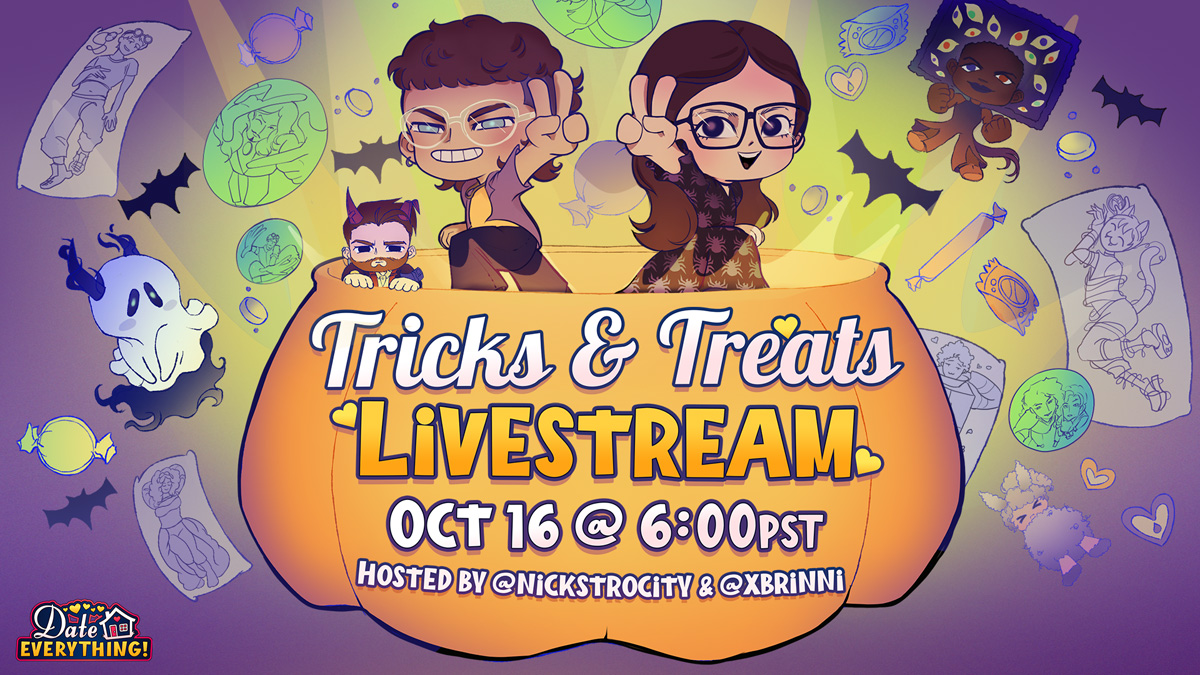 DateEverything's tweet photo. 🎃 Tricks &amp; Treats Livestream 🎃

Come hang with @nickstrocity and @xbrinni on OCTOBER 16th at 6 PM PST for our Halloween Special stream!

Giveaways, updates, &amp; surprises 🍬 Don’t miss out 😉

When: FRIDAY 10/16 6 PM PST
Where: The Official DE! TikTok
Link: In bio

See you there! https://t.co/ZRkoay8bWW
