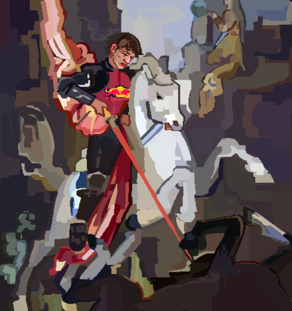 yungistotle's tweet photo. knight AU depiction of
#maxverstappen 's 0.5 second victory of charles leclerc in the 2022 saudi arabian gp https://t.co/xzkCQ327z2