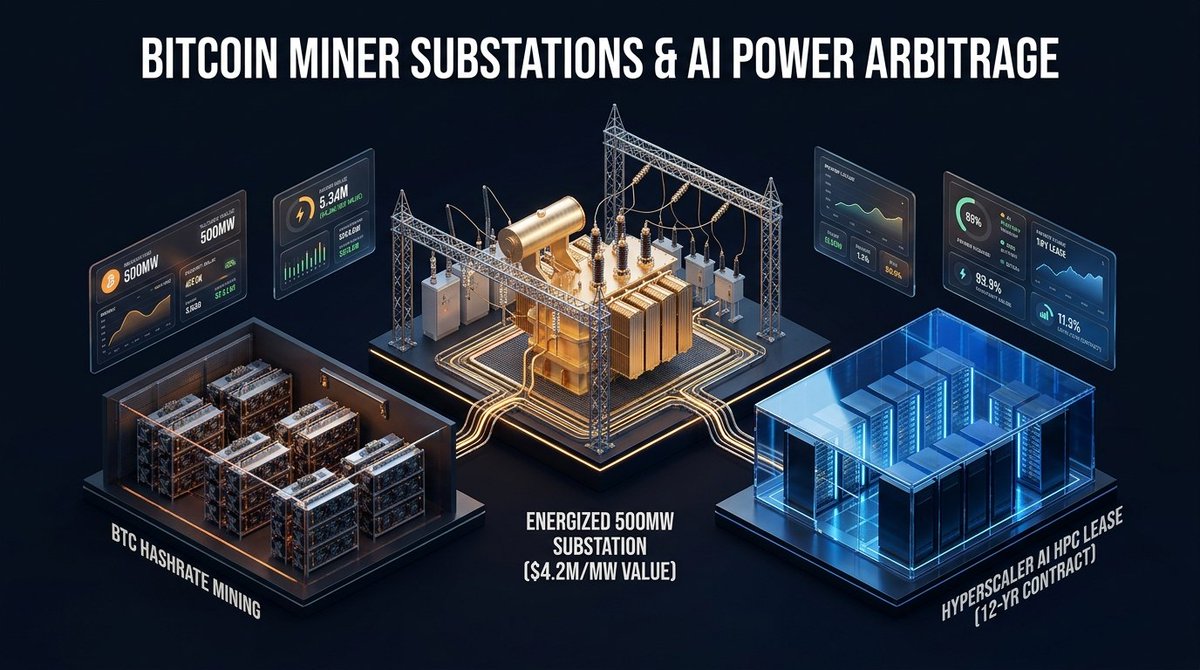 TheThesisDesk's tweet photo. Bitcoin miners command $4.2M per energized MW for AI data centers versus just $1.1M for pure hashing. FERC grid wait times now exceed 5.2 years. Miners own the scarcest power.

#Bitcoin #Crypto https://t.co/Ob0yGi3ShY