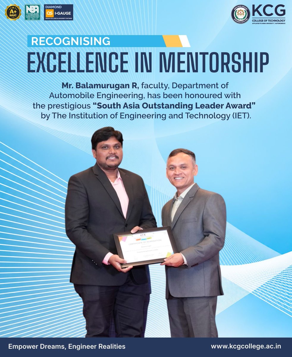 KCGtechnology's tweet photo. KCG Tech proudly congratulates Mr. Balamurugan R, a faculty member from the Department of Automobile Engineering, on receiving the prestigious “South Asia Outstanding Leader Award” from the Institution of Engineering and Technology (IET).
#KCGCollege https://t.co/deXmVRHZC6