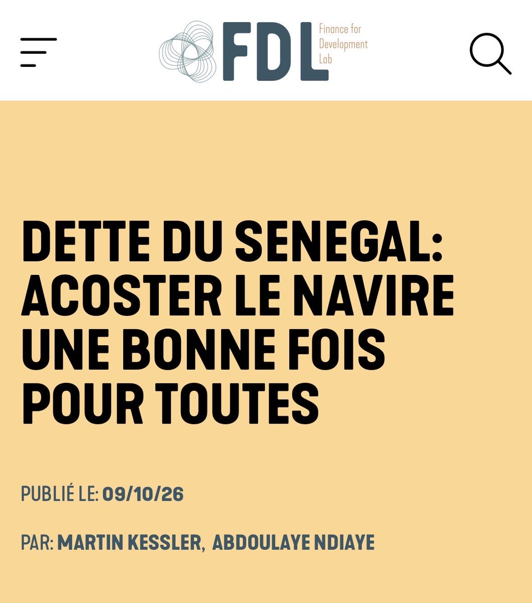 AbdouNdiayeNYU's tweet photo. “Dette du Sénégal: Acoster le Navire Une Bonne Fois Pour Toutes”

Une nouvelle note Finance for Development Lab de Martin Kessler et Abdoulaye Ndiaye https://t.co/aNZvE7sDRn