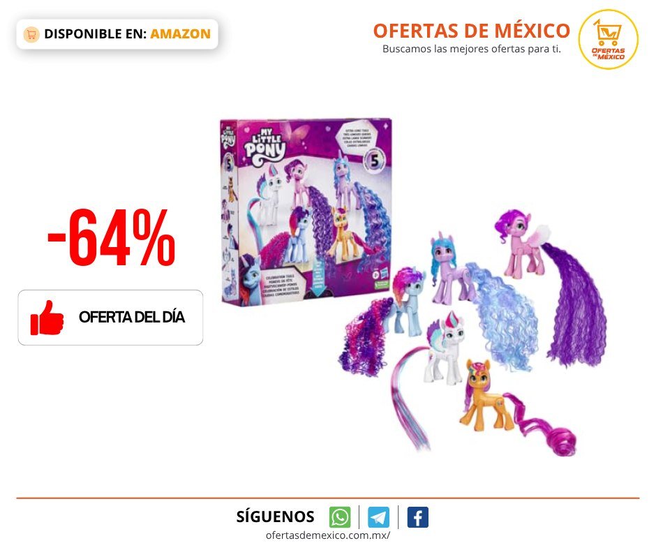 ofertasdemx's tweet photo. 🔥(-64%) My Little Pony Set de 5 Figuras Celebración de Estilos, Figuras pequeñas de 7.5 cm, Juguetes de Unicornios para niños y niñas + 3 años

👉🏽  Ver Oferta en Amazon  (https://t.co/5X2sC6nO5P)

✅ Precio Ahora: $289.05 ❌ Precio de lista: $799.00

#ofertadeldia #ofertaamz #ofertasdemexico