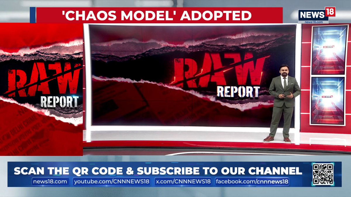 A News18 anchor presents the "Raw Report" segment on a "'CHAOS MODEL' ADOPTED" story, with on-screen graphics prompting viewers to scan a QR code to subscribe via news18.com, youtube.com/CNNNEWS18, x.com/CNNNEWS18, and facebook.com/cnnnews18. The dramatic red and black torn-paper backdrop aligns with the segment's focus on protest crackdowns and public unrest in Delhi and Paris.