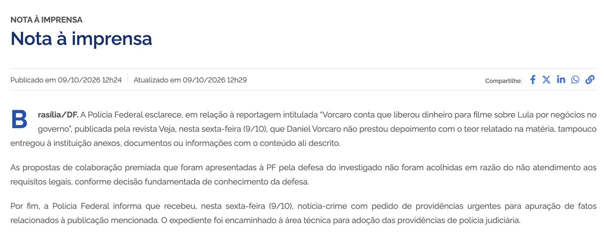 eixopolitico's tweet photo. 🇧🇷 PF nega que Daniel Vorcaro, dono do Banco Master, tenha dito em depoimento ter liberado dinheiro para filme sobre Lula, como publicou a revista Veja.

Órgão reforça que propostas de colaboração premiada da defesa dele não foram aceitas e que abriu uma investigação para apurar a reportagem.
