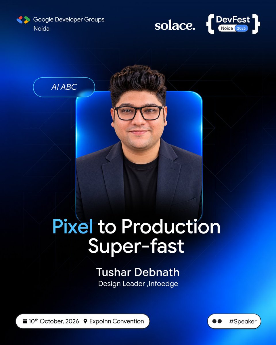 gdg_noida's tweet photo. π‘ From pixels to production, faster than ever!
Tushar Debnath is bringing fresh perspectives on turning design ideas into real-world experiences at #DevFestNoida 2026. π
π
10 October | π Exponn Convention
#GoogleDevFest #DesignSystems #UXDesign #Innovation https://t.co/uLt6QFq2Tt