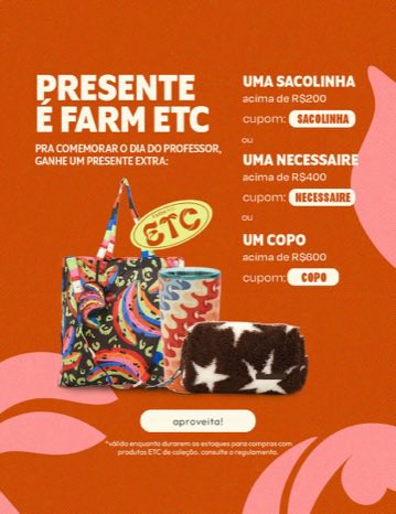 cupomdalaine's tweet photo. Ganhe “PRESENTE” na Farm Etc✨

+ DESCONTO e FRETE GRÁTIS usando meu cód de vendedora⤵️

                ✨✨✨7e7467✨✨✨

Use + Cupom: VEMPROAPP 

╰┈➤ https://t.co/DDeF0vgQFM https://t.co/UQWUxuuiWl
