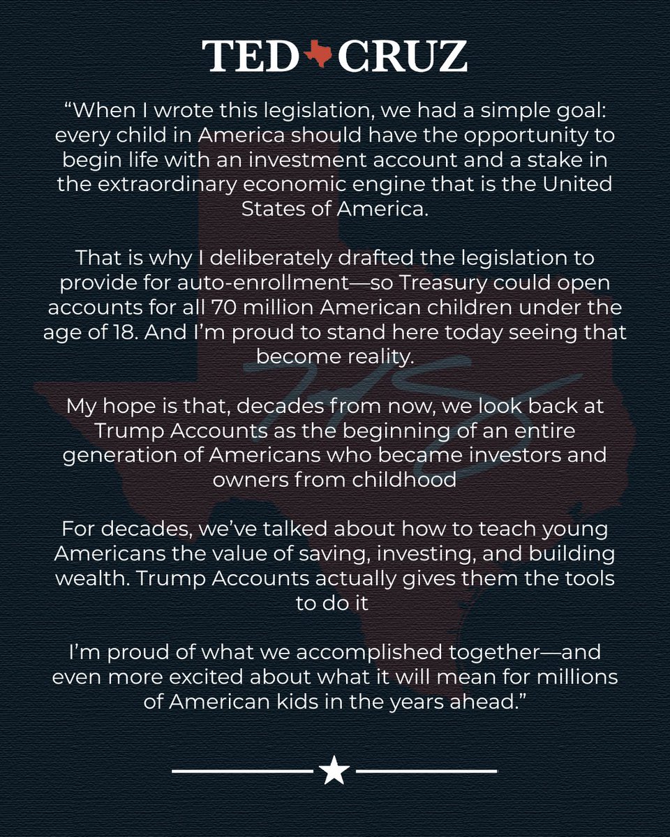 SenTedCruz's tweet photo. Sen. Cruz Joins President Trump at White House to Announce Automatic Enrollment for Trump Accounts

https://t.co/QyI1Nt8TSw https://t.co/bQ8K6wRI2w