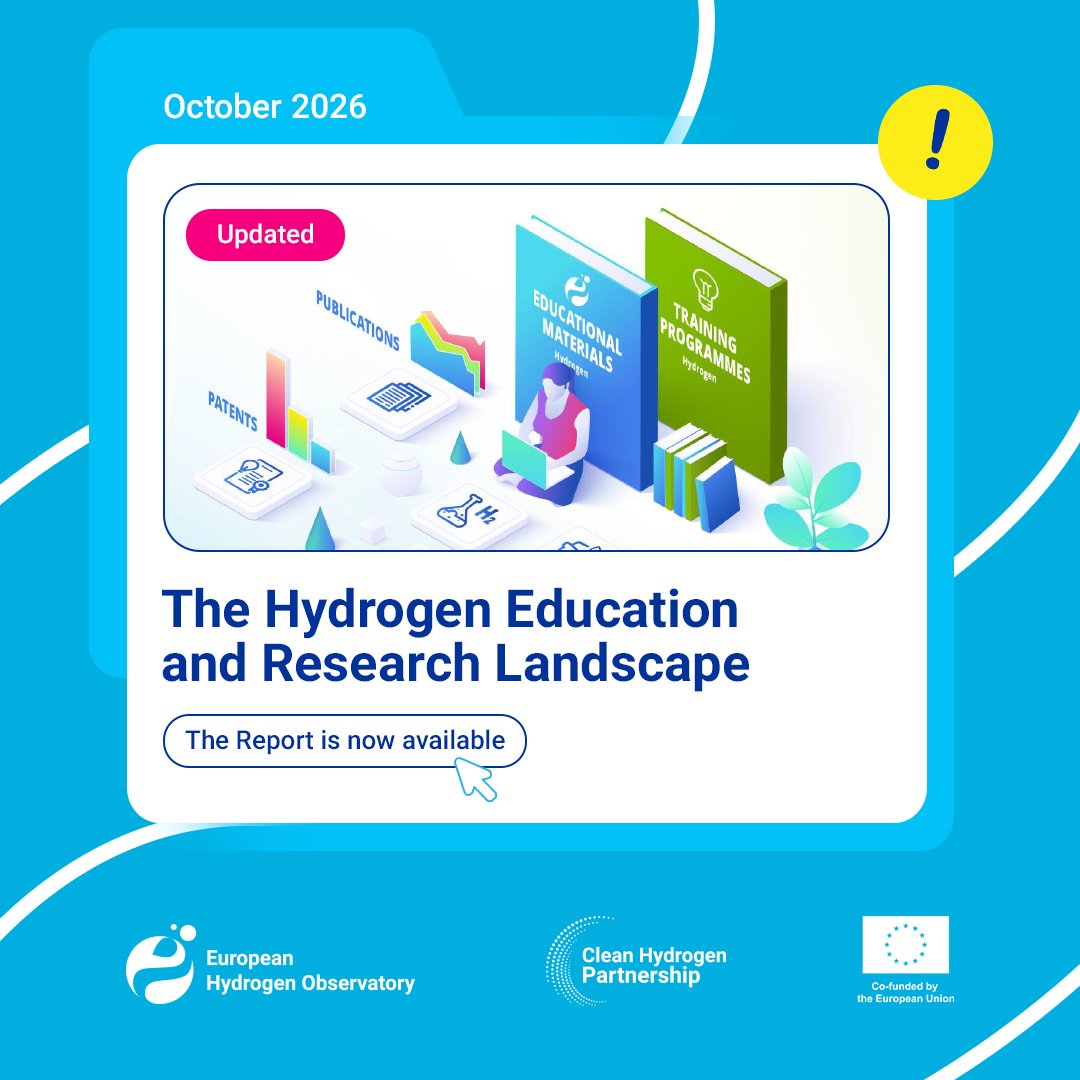 EHObservatory's tweet photo. 🇪🇺 The 2026 Hydrogen Education and Research Landscape report is nowavailable on the European Hydrogen Observatory website.
Explore the latest trends in hydrogen education, training and research acrossEurope, and discover how skills and innovation are supporting the growth of thehydrogen economy.
Discover more 👉 https://t.co/TxkXvnvjbW
#Hydrogen #EnergyTransition