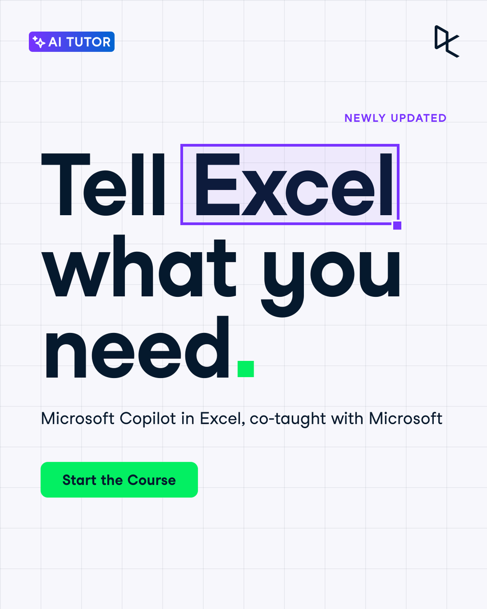 DataCamp's tweet photo. Ask Copilot in Excel to explain a formula, clean a column, or build a chart.

Our newly updated Microsoft Copilot in Excel course is taught by the AI tutor and co-built with Microsoft. Beginner level, three hours.

https://t.co/1HB7OXVRRe

P.S. DataCamp is 50% off right now. https://t.co/qsh6TGCPS8