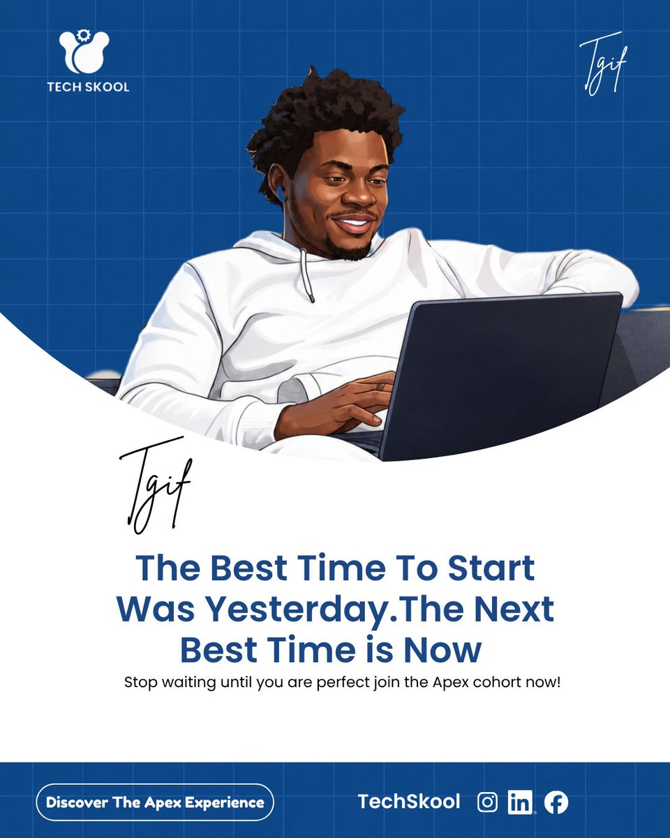 TechSkooll's tweet photo. Yes! you've done a lot for the week and it is time to take that rest and unwind... 
While you are at it, think 'Apex', think THE BEST! 
Stop waiting until you are perfect. Join the Apex cohort now! 

#Tgif #TechSkills #ApexCohort0 https://t.co/EtOvcdZekc