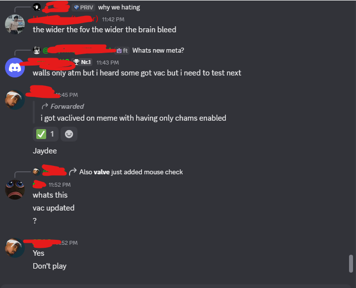 itzsagka's tweet photo. 🚨 CHEATERS ARE ACTUALLY PANICKING OVER VAC RIGHT NOW 😭

Some cheating Discord servers are going into full meltdown mode over a possible VAC update.

People are claiming they're getting flagged, matches are being cancelled, and others are straight-up telling each other "DON'T PLAY." 💀

Nothing officially confirmed yet, but seeing cheaters scared to queue Premier for once is absolutely beautiful.

PLEASE tell me Valve is finally cooking. 🔥