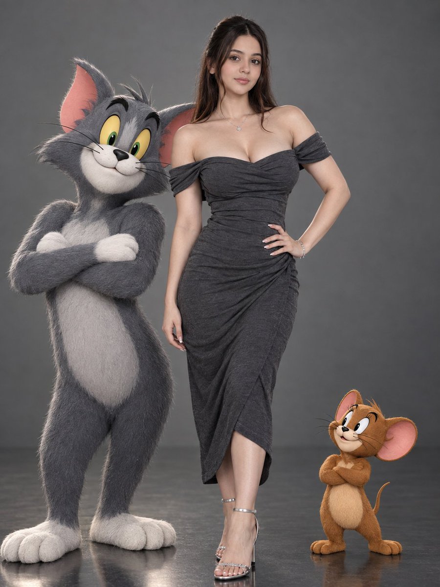 ChatGPTindia_'s tweet photo. 🐱🐭 When Tom & Jerry join my squad, chaos meets cuteness! 😎✨🖤

Using ChatGpt 

{
  "prompt": {
    "format": "vertical portrait, 2:3 aspect ratio",
    "quality": "ultra-photorealistic, 8K, professional studio editorial photography, highly detailed CGI characters",
    "reference_image": {
      "use_reference_for": "woman's facial identity, skin tone, facial features, and overall appearance",
      "identity_preservation": "Preserve the woman's face exactly as in the reference image. Do not alter her facial structure, eyes, nose, lips, skin tone, or natural proportions. Maintain maximum identity consistency."
    },
    "subject": {
      "description": "A beautiful adult woman standing confidently between Tom and Jerry",
      "hair": {
        "color": "natural black",
        "style": "straight, smooth, shoulder-length hair with a subtle center part"
      },
      "expression": "natural, warm smile, looking directly at the camera",
      "pose": "one hand resting on her waist, the other relaxed naturally by her side, confident fashion-model posture"
    },
    "outfit": {
      "dress": "fitted dark charcoal-gray midi dress with an elegant off-the-shoulder neckline, soft stretch fabric, realistic folds, and a sophisticated silhouette",
      "footwear": "sparkling silver high-heeled strappy sandals",
      "jewelry": "delicate silver necklace, matching bracelet, and subtle silver accessories"
    },
    "characters": [
      {
        "name": "Tom",
        "position": "standing on the left side of the woman",
        "appearance": "large, recognizable gray anthropomorphic cat with white muzzle, white belly, pink inner ears, expressive yellow-green eyes, and detailed realistic fur",
        "pose": "standing upright with arms crossed over his chest",
        "expression": "happy, playful smile",
        "scale": "giant, approximately the woman's height or slightly taller"
      },
      {
        "name": "Jerry",
        "position": "standing on the right side near the woman's legs",
        "appearance": "small, recognizable brown anthropomorphic mouse with large rounded ears, tan muzzle and belly, expressive eyes, and finely detailed fur",
        "pose": "standing upright with arms crossed over his chest",
        "expression": "cheerful, mischievous smile",
        "scale": "much smaller than the woman and Tom"
      }
    ],
    "environment": {
      "location": "minimalist professional photography studio",
      "background": "smooth medium-gray seamless backdrop",
      "floor": "dark glossy reflective floor with subtle realistic reflections",
      "composition": "full-body vertical portrait with the woman centered, Tom on the left, and Jerry on the right in the foreground",
      "spacing": "all three subjects clearly visible without overlapping important facial features"
    },
    "lighting": {
      "style": "soft professional studio lighting",
      "key_light": "large diffused softbox positioned in front of the subjects",
      "fill_light": "gentle fill light to preserve shadow detail",
      "rim_light": "subtle edge lighting around hair and fur",
      "reflections": "natural highlights on silver jewelry, heels, and the glossy floor"
    },
    "camera": {
      "style": "high-end full-frame DSLR photography",
      "lens": "85mm portrait lens",
      "aperture": "f/4",
      "focus": "sharp focus on the woman's face and both characters",
      "perspective": "natural proportions with no wide-angle distortion"
    },
    "rendering": {
      "woman": "photorealistic human skin texture, realistic anatomy, natural facial details",
      "characters": "high-quality cinematic 3D animation blended seamlessly into the photographic studio",
      "textures": "detailed hair strands, individual fur strands, realistic fabric texture, physically accurate reflections",
      "color_grading": "neutral gray palette, natural skin tones, balanced contrast, premium editorial finish"
    },