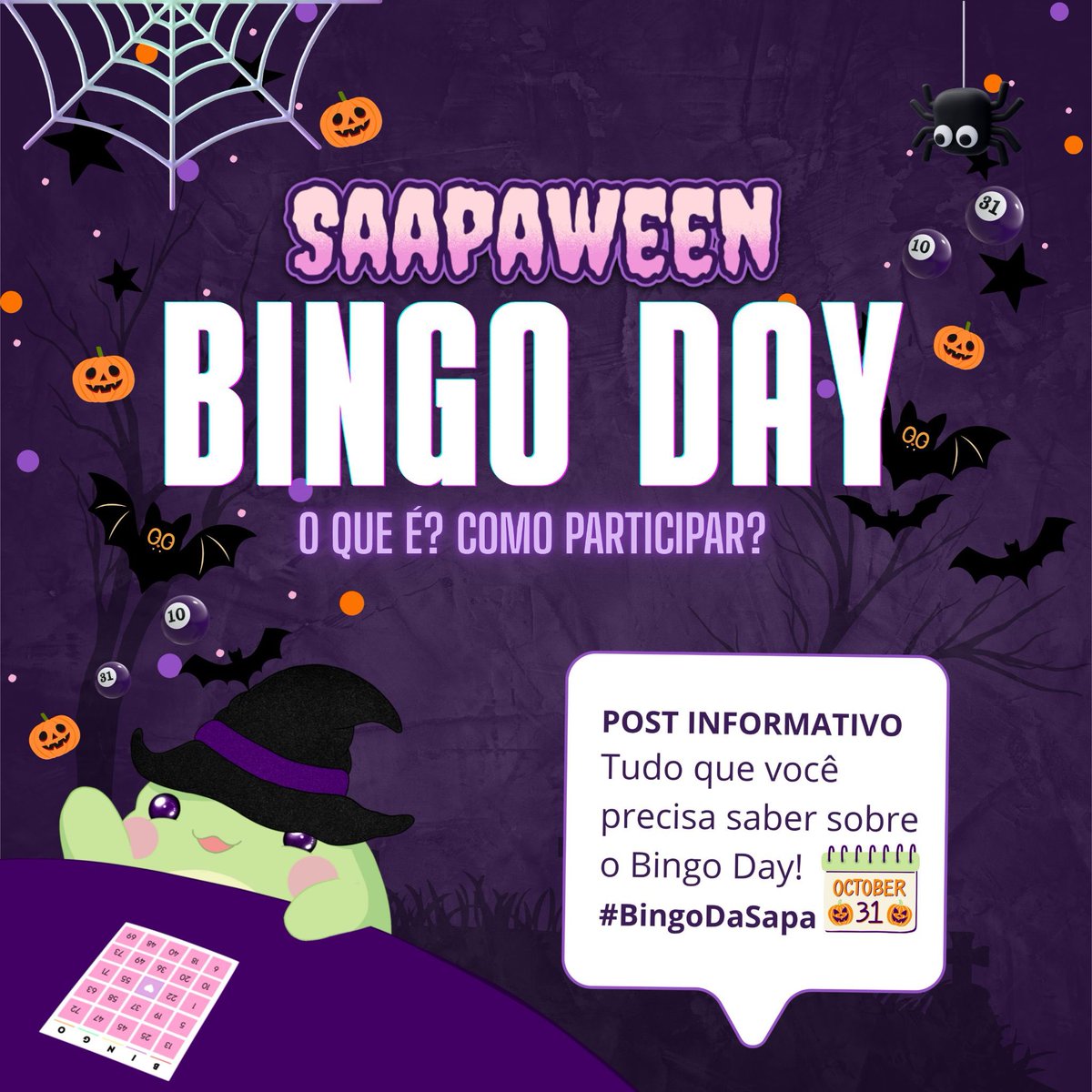 saapatona's tweet photo. 🎃POST OFICIAL BINGO DAY #BingoDaSapa SAPAWEEN! 🦇📚

dia 31/10 teremos 24 HORAS DE BINGO! 👻

🕛 COMO VAI FUNCIONAR?

🎃 Entre em https://t.co/fjjjG1Dk7v e jogue BINGO DE HORA EM HORA, durante 24 horas, das 00h às 23h!

🕐 Teremos uma nova rodada a cada hora: 00h, 1h, 2h, 3h… e assim por diante!

📚 PRÊMIOS: livros de até R$ 30! E o melhor: participar é TOTALMENTE GRÁTIS! ❤️

👻 ATENÇÃO ÀS SALAS!
As salas geralmente terão limite de 100 pessoas, mas podemos aumentar a capacidade ao longo do dia. As vagas estão sujeitas à lotação, então entre no site no horário da rodada para garantir seu lugar!

🦇 Temos uma LISTA VIP no tweet abaixo para você conseguir jogar sem depender da lotação das salas!

🎃 COMO JOGAR?
É super fácil!

Entre em https://t.co/fjjjG1Dk7v.
Acesse o jogo de bingo no horário da rodada.
Marque TODOS os números sorteados na sua cartela.
Completou a cartela? Clique em BINGO! 🍀 após ganharem consigo ver todos os ganhadores e irei entrar em contato no outro dia APÓS o evento acabar

⚠️ REGRAS IMPORTANTES!
Para concorrer aos prêmios, você precisa ter:
🧡 No mínimo 50 seguidores.
🧡 A conta do X (Twitter) ABERTA.

As demais regras estão no tweet abaixo, então leiam tudo com atenção para não perder a chance de ganhar!

💀prepare sua cartela e venha passar o Halloween com a gente!

⭐️ pode usar seus sapacoins para comprar cartela extra se quiser! 

DIA 31/10, 24 HORAS DE BINGO, LIVROS E MUITA DIVERSÃO! 🎃📚

#BingoDaSapa