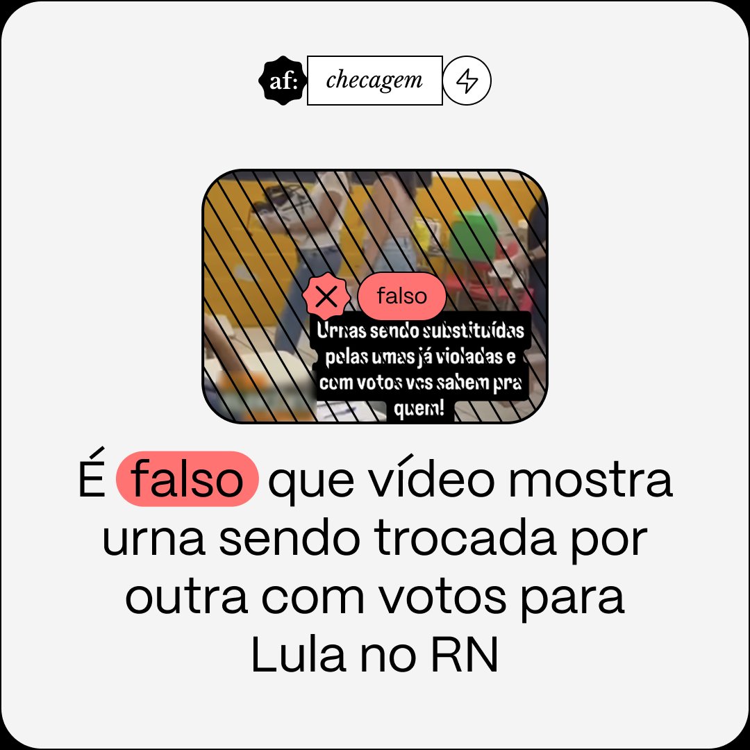 aosfatos's tweet photo. NO AR. Não é verdade que um vídeo mostre o momento em que uma urna eletrônica é substituída por outra já violada com votos para Lula em Parnamirim (RN).

A troca ocorreu após um equipamento apresentar falha na tela, sem relação com a contagem dos votos: 👇
https://t.co/Z0cRxPS6bF https://t.co/XGmTUv18vL