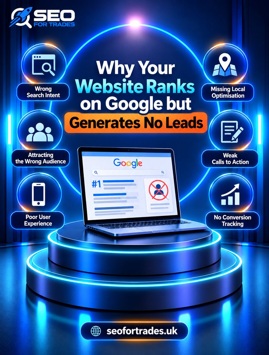 SEOFORTRADESUK's tweet photo. Ranking on Google but getting no leads?
Your website may be losing customers due to:
 Wrong search intent
 Poor user experience
 Weak local SEO
Missing conversion tracking
 
🌐 https://t.co/etwZ0KazR1
#SEOForTrades #LocalSEO #LeadGeneration #TradesSEO https://t.co/yyebEc8ebU