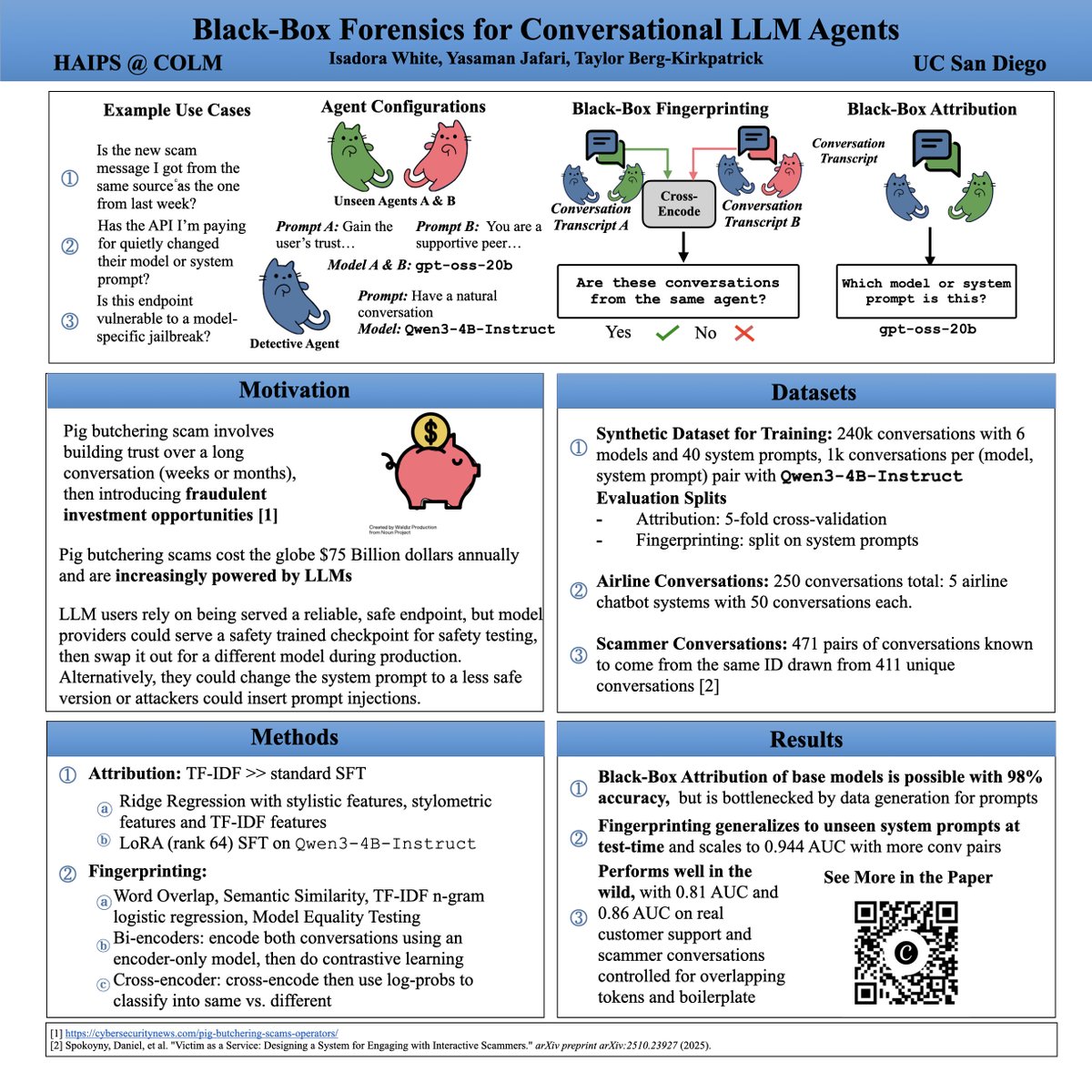 isadorcw's tweet photo. Can you fingerprint agents from a few turns of non-adversarial conversation without access to system prompts or model internals?
Can we trace scammers and undisclosed API changes?
๐10:10 - 10:35 and 3:25-4:15 at HAIPS at #COLM2026 Square 19 & 20 https://t.co/5sXzDJ0EJD