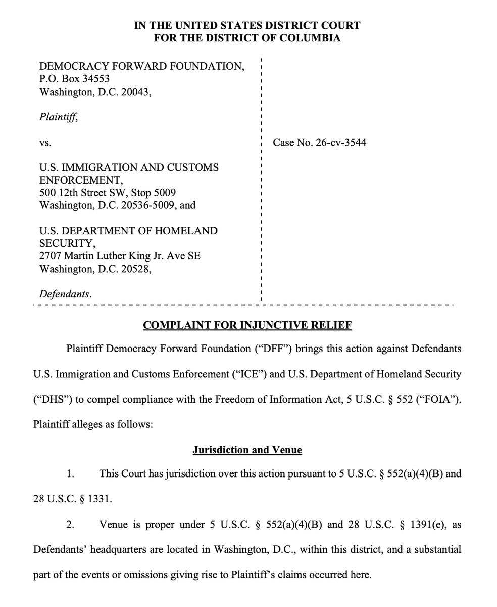 DemocracyDocket's tweet photo. BREAKING: A pro-voting group is suing ICE for failing to respond to FOIA requests regarding the agency's increased involvement in investigating voter fraud.

The lawsuit comes after the group had already submitted multiple FOIA requests seeking documents that disclose those efforts.