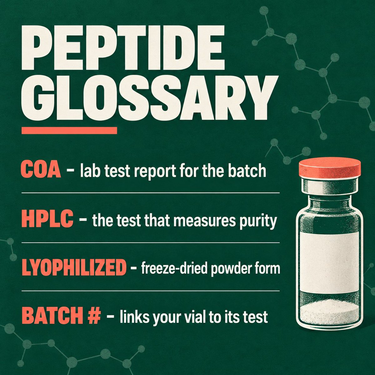 Freyapep's tweet photo. Peptide glossary, the 4 words every first-timer should know: COA, HPLC, lyophilized, batch #.

If a source can't explain these to you, keep scrolling.

The source I trust is in my bio. #peptides #peptideresearch https://t.co/O6kQZLgKjT