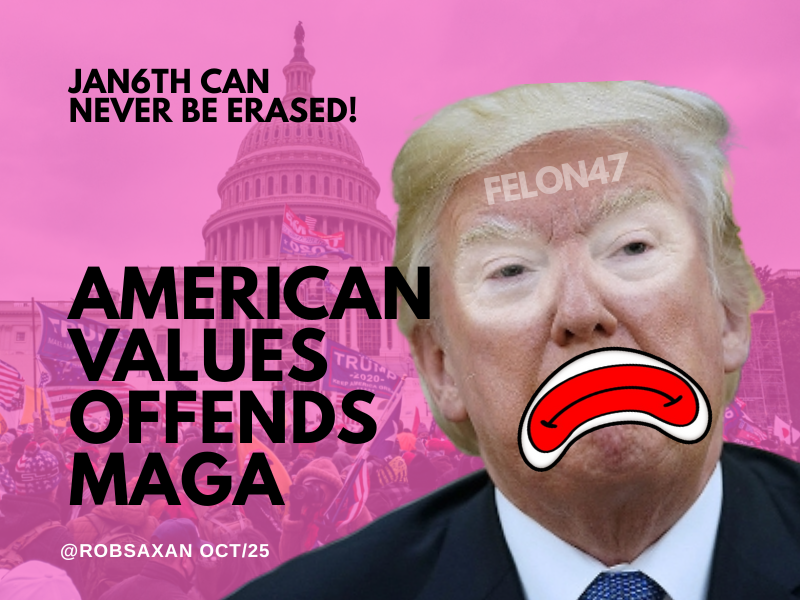 robsaxan's tweet photo. @ImpericEvidence @GuntherEagleman @realDonaldTrump @Trump @WhiteHouse @GOP #Jan6th Apparently not like our American values like voting, truth, rule of law & democracy triggers magats into committing treason & attacking our capitol for a #Felon47. @whitehouse #ImpeachTheTraitor https://t.co/ZPZZnN5pcH
