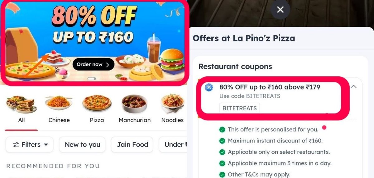 TechEarnTips's tweet photo. Zomato New Promocode 

Get Flat 80% Off On Order Above Rs179

Apply Code : BITETREATS

You will get ₹179 worth of Food at ₹35

Check in your acct. if you see this banner

#Zomato https://t.co/JejlBW33K9