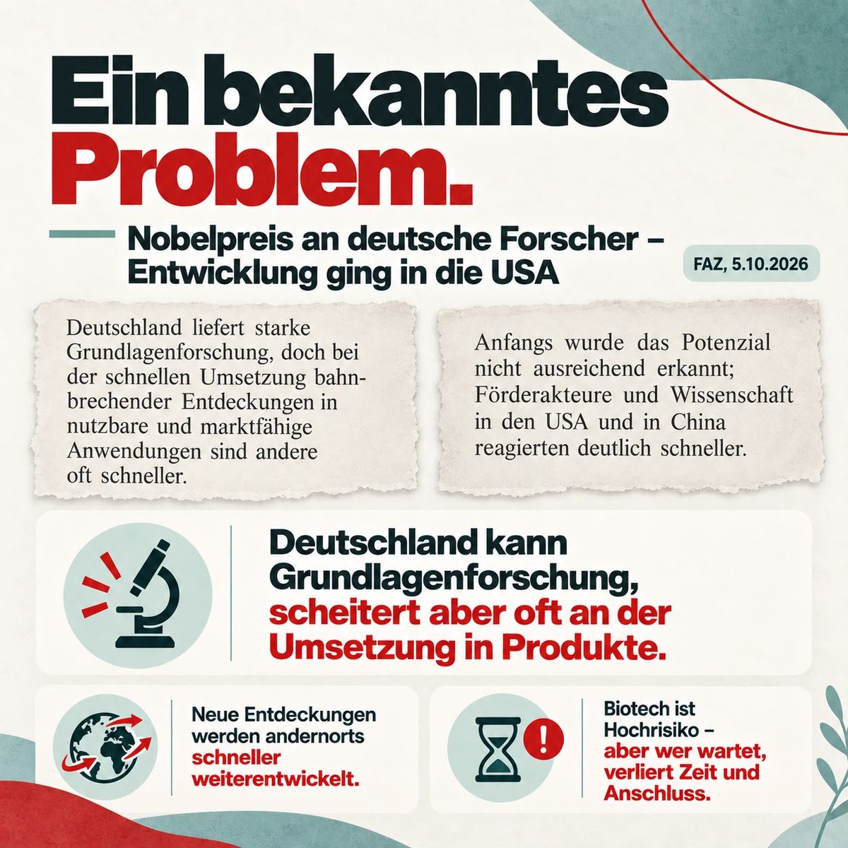 NichtGenesen's tweet photo. Das ist keine Forschungslücke. Das ist eine Förderlücke mit Ansage!

Deutschland ist stark in der Grundlagenforschung. Aber ausgerechnet dort, wo aus Erkenntnissen Medikamente für ME/CFS und Long COVID werden könnten, beginnt das institutionelle Pingpong.

SPRIND soll Sprunginnovationen identifizieren, validieren und fördern. Gleichzeitig wurden nach den vorliegenden Angaben innovative Wirkstoffansätze für ME/CFS und Long COVID dort nicht aufgenommen. Der Verweis auf die Nationale Dekade löst das Problem nicht: Die aktuelle Förderrichtlinie der Dekade lässt Unternehmen der gewerblichen Wirtschaft grundsätzlich nicht als Antragsteller zu – außer in eng begrenzten Sonderfällen; ansonsten können sie lediglich als Unterauftragnehmer beteiligt werden.

Und Geld für riskante Arzneimittelentwicklung kann SPRIND sehr wohl mobilisieren: Für die SPRIND-Tochter PRInnovation wurden 68,6 Mio. Euro Haushaltsmittel eingesetzt, für BiconY 48,9 Mio. Euro. Genau solche unternehmerischen Strukturen wurden geschaffen, um Wirkstoffe Richtung Klinik zu bringen.

Gleichzeitig erklärt die Bundesregierung selbst, dass Medikamentenforschung ausdrücklich Teil der Nationalen Dekade sein soll, dass klinische Studien gezielt gefördert werden und biomedizinische Forschung im Mittelpunkt steht.

Dann muss die Frage erlaubt sein: Wer finanziert eigentlich den entscheidenden Schritt zwischen guter deutscher Grundlagenforschung und einem Medikament für die Patienten?

SPRIND verweist auf die Forschungsdekade.
Die Forschungsdekade ist für Unternehmen weitgehend verschlossen.
Und die Patienten warten weiter.

Wir wollen deshalb wissen, nach welchen wissenschaftlichen und förderpolitischen Kriterien die betreffenden ME/CFS- und Long-COVID-Vorhaben bei SPRIND bewertet wurden. Genau deshalb wurde Informationszugang beantragt. Dieser wurde bislang sowohl gegenüber SPRIND als auch gegenüber dem BMFTR nicht gewährt; dagegen laufen Widersprüche.

Eine Forschungsdekade, die „Translation“ verspricht, darf nicht genau dort aufhören, wo aus Forschung ein Medikament werden könnte.

Und eine Bundesagentur für Sprunginnovationen darf bei potenziell innovativen Medikamentenansätzen für eine massiv unterversorgte Patientengruppe nicht zum Weiterleitungsschalter werden. Gleichzeitig bleiben für die Forschungsdekade bereitgestellte Mittel ungenutzt – und nicht übertragbare Haushaltsmittel verfallen am Jahresende. Es ist kaum vermittelbar, dass Geld vorhanden ist, translational relevante Projekte aber keinen passenden Förderweg finden.

Wir brauchen keine weiteren Sonntagsreden über Translation. Wir brauchen einen belastbaren Weg vom Labor zum Medikament.
@bmftr

https://t.co/Trkhe0fD8e

https://t.co/dWdMcbhWy7