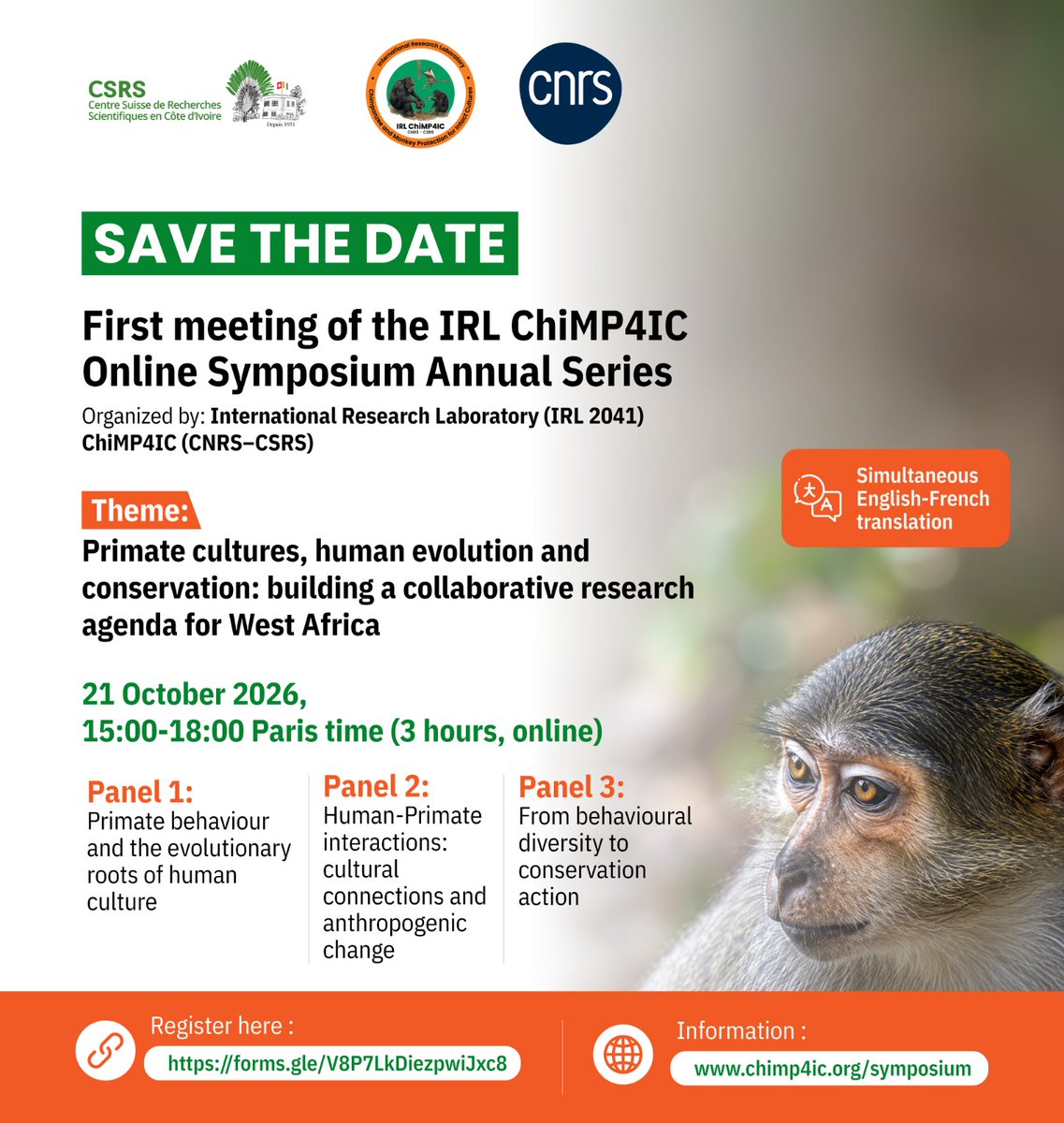 CSRS_CIV's tweet photo. 🐒 SAVE THE DATE !
1st IRL ChiMP4IC Online Symposium Annual Series
Theme: Primate cultures, human evolution & conservation in West Africa
📅 Oct 21, 2026 | 15h-18h Paris Time | ONLINE
👉Register : https://t.co/hlhRaxjFzX
👉Information: https://t.co/kK0rBFUlKK
#ChiMP4IC https://t.co/e9UULNkiyg
