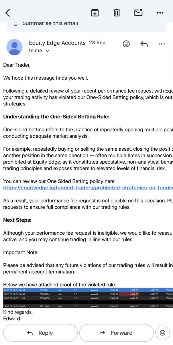 Tenie_x's tweet photo. π¨ BEWARE OF EQUITY EDGE! BEFORE YOU BUY AN ACCOUNT, PLEASE READ MY EXPERIENCE.@EquityEdgeUK @berkayglife @theproptruth @TrustedPropHub @propfirmeye @PropFirmsGuru @JeremyofCrypto @propfirmsupdate
I made $6,692 in profit on my $100K funded account, but my payout was rejected over alleged βOne-Sided Betting.β After deducting the $3,000 buffer fee (3%), my expected payout was $3,692.
Equity Edge flagged my XAUUSD trading pattern as One-Sided Betting. Here are the trades they questioned:
π Trades taken:
04:58 β SELL XAUUSD (0.5 lot): -$783.50
06:58 β SELL XAUUSD (0.5 lot): -$664.50
07:12 β SELL XAUUSD (0.5 lot): +$10.00
09:53 β SELL XAUUSD (0.5 lot): +$633.50
These were separate trades, with only one position open at a time. I questioned the decision and asked for evidence that my trades were not based on analysis, but I did not receive the satisfactory explanation I was seeking. Instead of my payout, I was offered a $25K account.
What concerns me even more is Jeremyβs situation. He reportedly received a $2,000 goodwill offer following a payout rejection involving an allegedly similar violation.
Why do the resolutions appear different? What criteria does Equity Edge use when deciding these cases?
