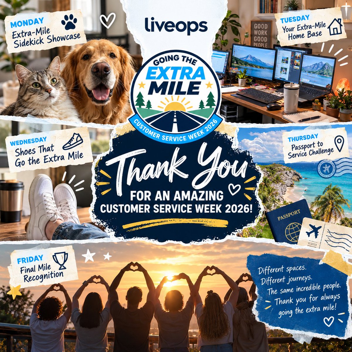 Liveops's tweet photo. 🎉💙 What a week!

As Customer Service Week 2026 comes to a close, we’re celebrating everyone who makes Liveops special—and who continues to Go the Extra Mile every day. 🌟

Throughout the week, we’ve celebrated the sidekicks who keep us company 🐾, the home offices where it all happens 🏡💻, the shoes that keep us moving 👟, and the places that inspire us to explore 🌎✈️. Most importantly, we’ve celebrated the people behind it all.

For our Final Mile Recognition, we’re shining the spotlight on the people who consistently go above and beyond for agents, clients, teammates, and our business. 💙👏

🏆 Tag someone in the comments who deserves some extra recognition for the difference they make. Whether it’s a big accomplishment or the everyday things that keep everyone moving forward, give them a shoutout and let them know their extra mile doesn’t go unnoticed.

Thank you to everyone who helped make Customer Service Week 2026 such a fun and meaningful celebration. Here’s to continuing to Go the Extra Mile—together. 🛣️✨

#CustomerServiceWeek2026 #CSWeek2026 #GoingTheExtraMile #Liveops #CustomerServiceWeek #EmployeeRecognition