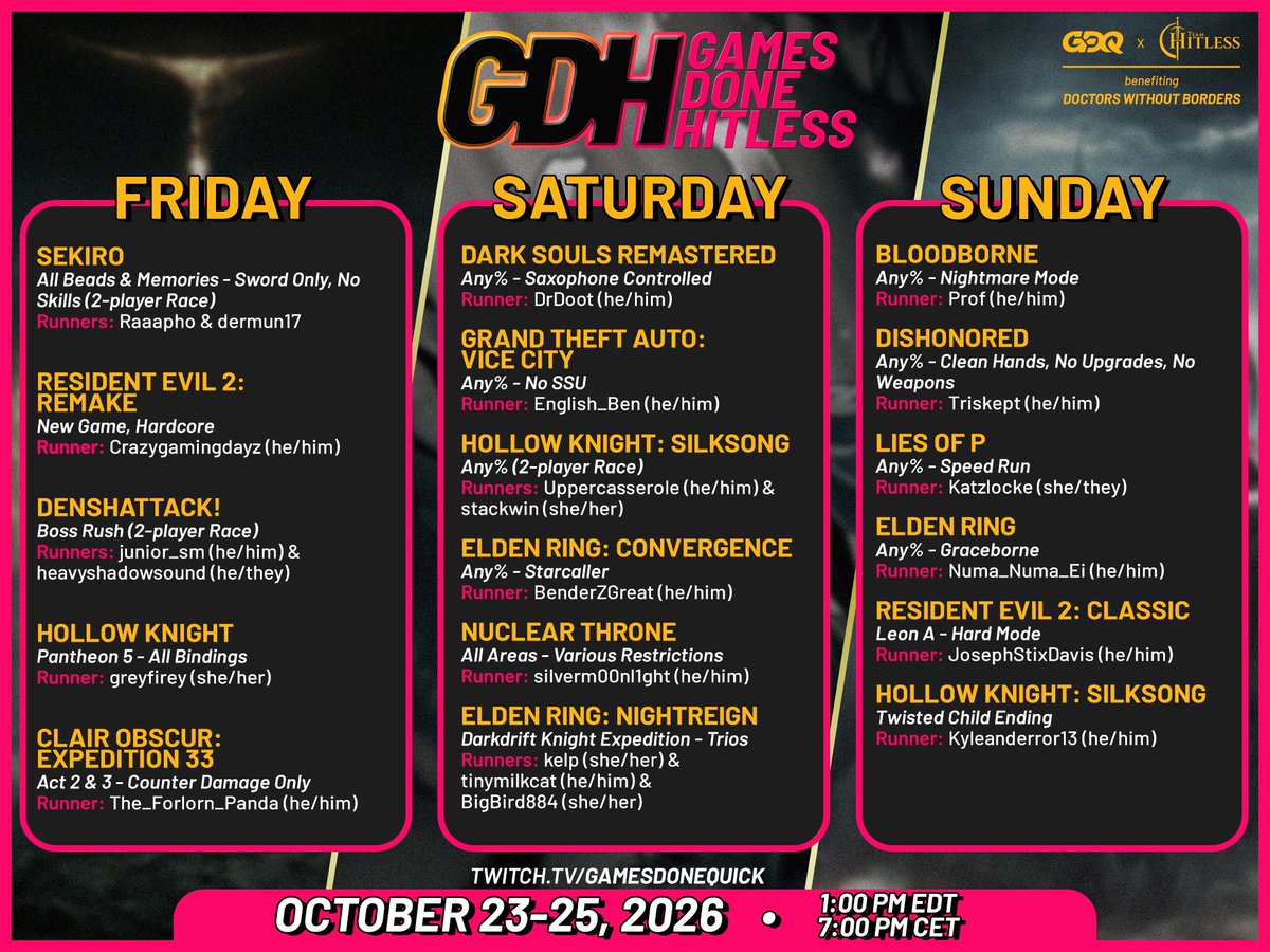 GamesDoneQuick's tweet photo. Are we ready for GDHitless??! 

The schedule is out now and you can catch it later this month from Oct. 23-25 benefiting @MSF_USA 💙

@TeamHitless https://t.co/R9ycIjsld1
