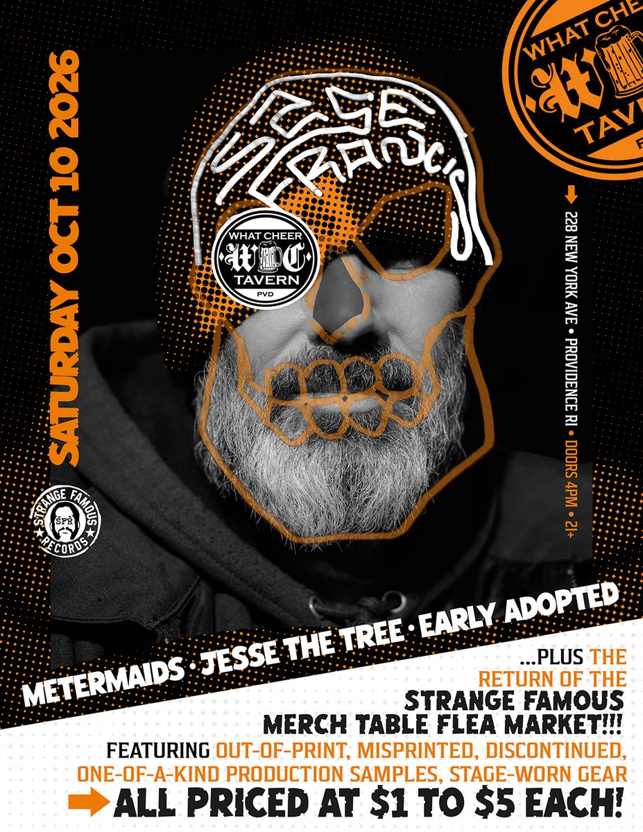 SFRupdates's tweet photo. TOMORROW in #RhodeIsland: @SageFrancis is at #WhatCheerTavern giving you a sneak peek at songs from his next LP, w/ @Metermaids, @JesseTheTree401 &amp; @EarlyAdopted! 

➕ the #StrangeFamous Merch Table #FleaMarket will have have tons of $1 &amp; $5 items!

🎟️: https://t.co/1S9EccrehJ https://t.co/XVJSS95tqD
