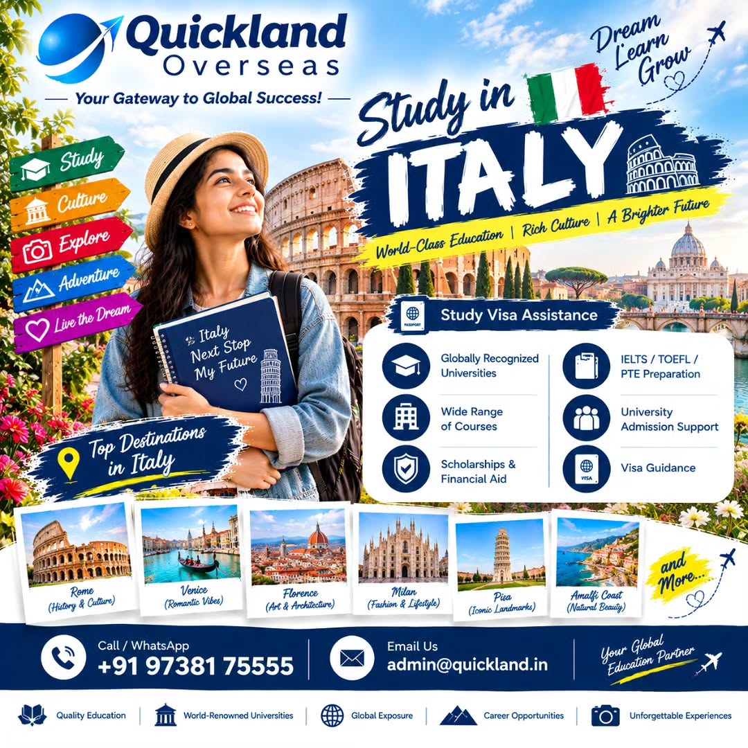 yvonfrantzen's tweet photo. Study in Italy with Quickland Overseas. Explore globally recognized universities, diverse courses, scholarship guidance, test preparation, admissions support, and visa assistance. Build your global future in Italy. https://t.co/twTD8iPiWT
