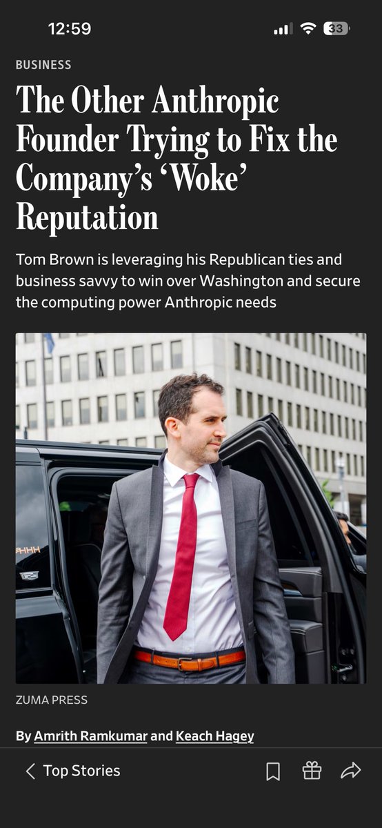 AmrithRamkumar's tweet photo. Meet the Anthropic executive who convinced the White House and Elon Musk that the company isn’t woke:

6-foot-6 Tom Brown bought a house in Washington and appealed to Republicans while tackling the company’s compute shortage.

Profile w/ @keachhagey:

https://t.co/KN9ZnQ5j9a https://t.co/IGvWH8N5X1