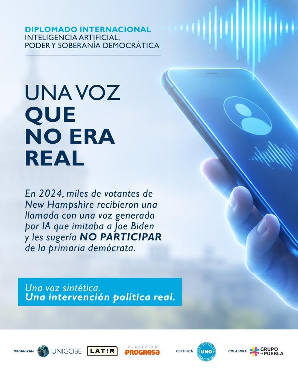 UnigobeOk's tweet photo. ¿Qué pasa cuando ya no podemos confiar en lo que vemos o escuchamos?

La Inteligencia Artificial ya tiene la capacidad de imitar voces, desinformar en tiempo real e influir directamente en campañas y elecciones.

Entender la relación entre IA, poder y democracia ya no es una discusión del futuro; está pasando ahora.

Hoy, 9 de octubre, es el último día para inscribirte en el Diplomado Internacional: Inteligencia Artificial, Poder y Soberanía Democrática.

💻 Modalidad: 100% Virtual

🏛️ Organizan: UNIGOBE, LATIR, Fundación Progresa, Grupo Puebla.

🎓 Certifica: Universidad Nacional del Oeste (UNO)

No te quedes fuera de este debate crucial para el futuro de nuestras sociedades.

🔗 ¡Aplica ahora en el enlace de nuestra biografía!