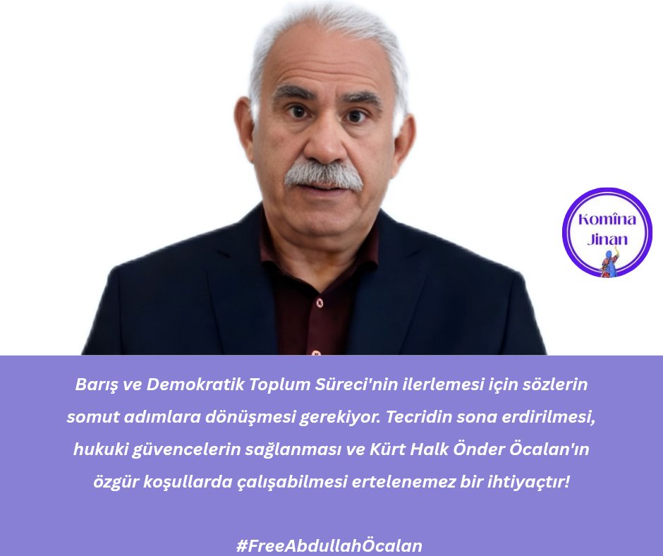 devrimberf's tweet photo. Barış ve Demokratik Toplum Süreci'nin ilerlemesi için sözlerin somut adımlara dönüşmesi gerekiyor. Tecridin sona erdirilmesi, hukuki güvencelerin sağlanması ve Kürt Halk Önder Öcalan'ın özgür koşullarda çalışabilmesi ertelenemez bir ihtiyaçtır!

#FreeAbdullahÖcalan https://t.co/4iLcItsmRn