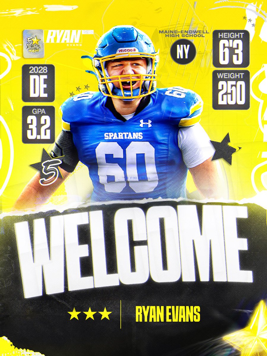 5StarFBRecruits's tweet photo. JOINED – Welcome 2028 3⭐️ DE Ryan Evans (@RyanEvans60), 6’3 250 from New York, to the 5🌟 Football Recruiting family!

An elite, explosive, blue-collar defensive end who isn’t afraid of contact. Ryan brings physicality and toughness to the defensive front. 👀💫

LOCKED IN!! 🔒 https://t.co/NRsN2fOm8g