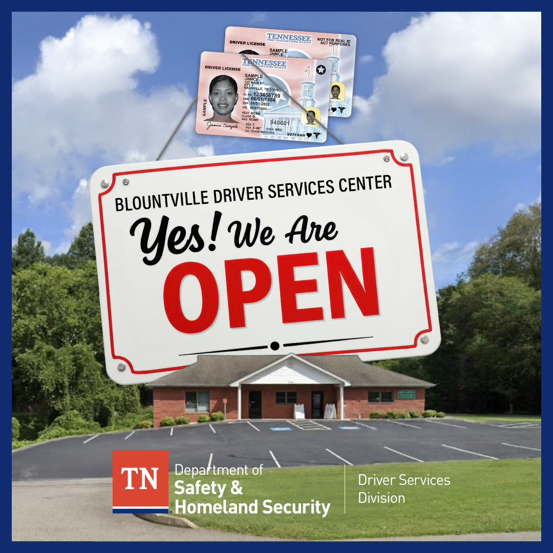 TNDeptofSafety's tweet photo. The Blountville Driver Services Center, 3769 Highway 11-W, is now OPEN!!

Learn more: https://t.co/APyN7nneFu https://t.co/KTl4QelJHb