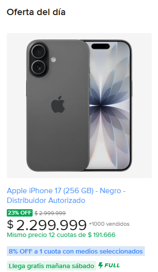 PrecioArgentina's tweet photo. "Iphone"

Apple iPhone 17 (256 GB) - Negro - Distribuidor Autorizado
$2.299.999
https://t.co/fglUPiCz28

#MercadoLibre #Iphone #Apple #Argentina https://t.co/SY7FoA71DT
