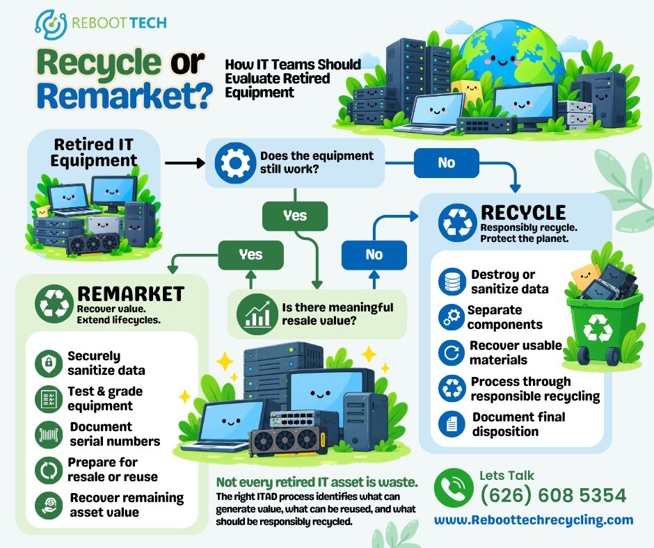 RebootTechLLC's tweet photo. Recycle or remarket? Working IT assets can be sanitized, tested, and prepared for reuse. Damaged or obsolete equipment should move through secure data destruction and responsible recycling.

https://t.co/cxpo5GhbBg

#ITAD #AssetRecovery #TechReuse#ElectronicsRecycling https://t.co/qpr0BgeHJT