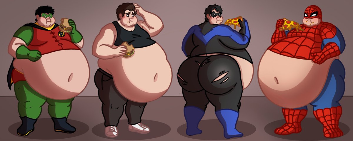 ChubbyHexArt's tweet photo. Saving the world takes a lot of calories... and clearly none of these suits were tailored for seconds. 🍔🍕 Which hero needs another round? 🐷

Anonymous commission! 

#maleweightgain #bellykink #bellyexpansion #feederims #gainerart https://t.co/n6tGbAkIn4