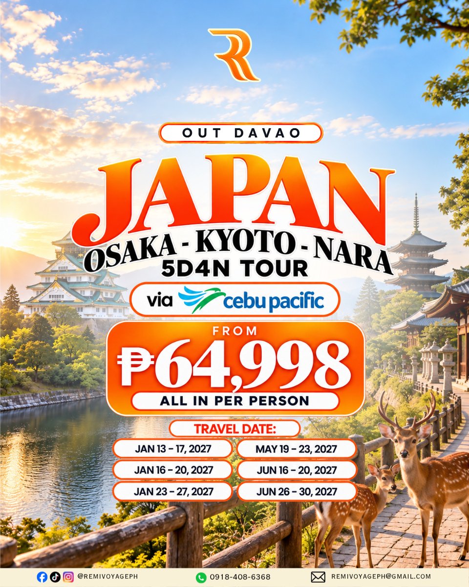 Cora30286632's tweet photo. Davao to Japan: Explore Osaka, Kyoto and Nara on a 5D4N tour via Cebu Pacific. Travel dates available from January to June. Limited slots available—message us to reserve. https://t.co/IdiUx7RK2n
