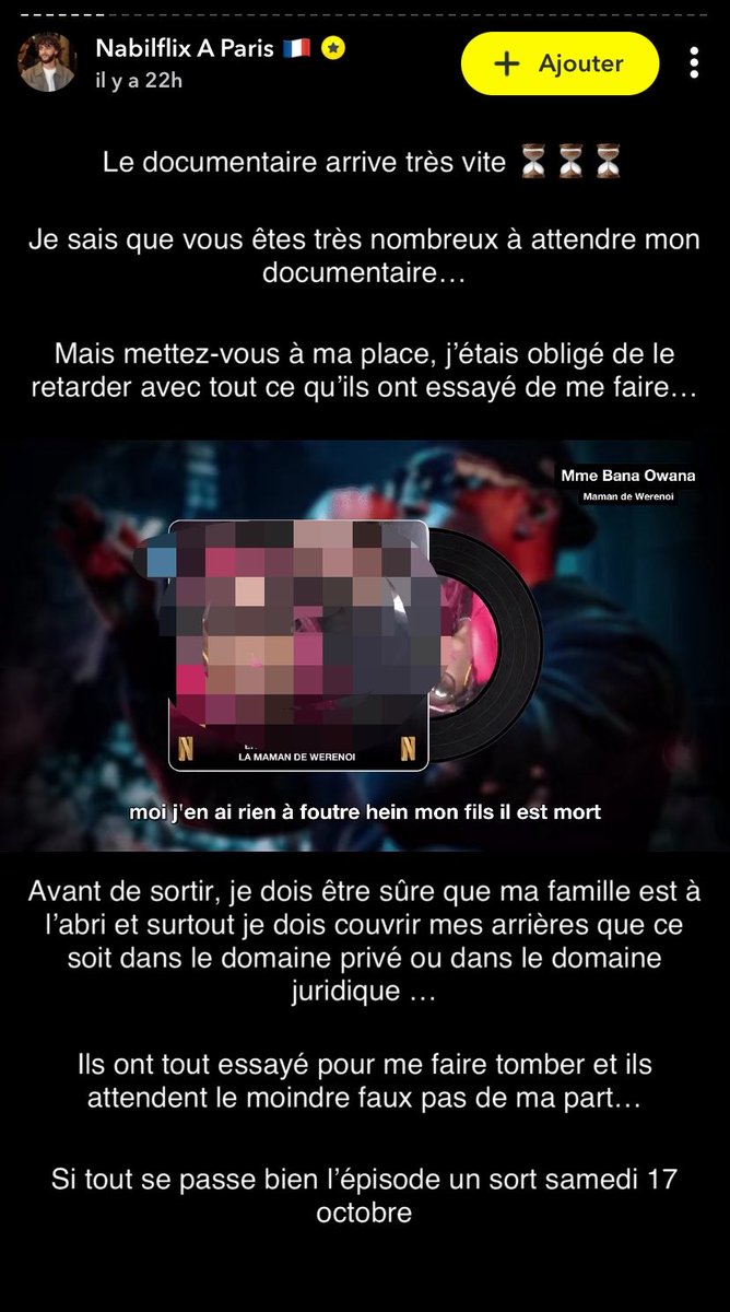 KrysSocialMedia's tweet photo. @Snapchat @snapchatsupport certifie Nabilflixx. (La honte)
Il profite pour teaser son documentaire YouTube avec les images et vidéos de Werenoi 🙏🏽 + les audios de sa maman, déjà divulgués l’an dernier.
Même le deuil devient du contenu. Ne nourrissez pas les vues. Signalez. https://t.co/tMasVNwa0d