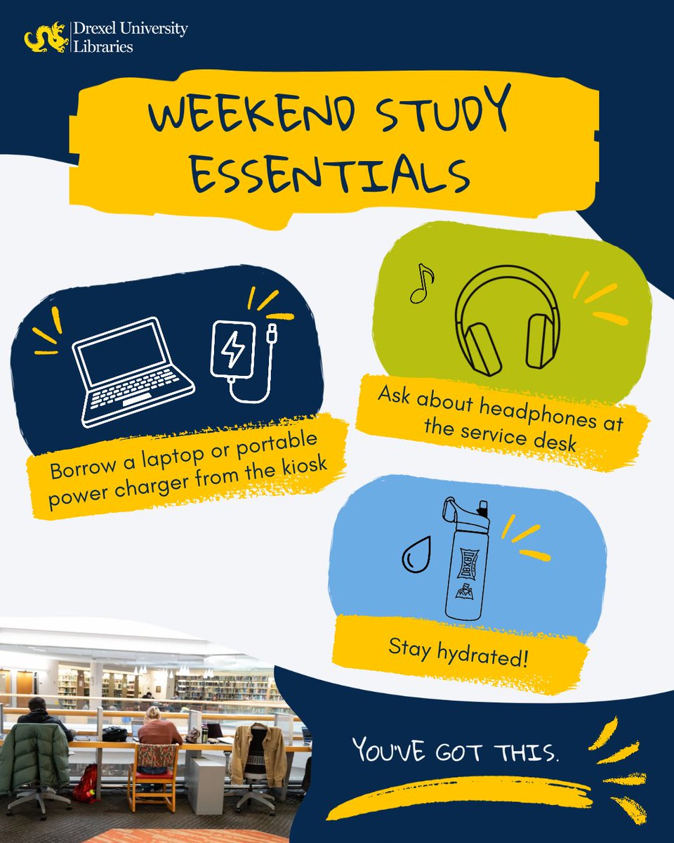 drexellibraries's tweet photo. Weekend study mode activated: 💻📚 Whether you're catching up on course readings, working on assignments, or just looking for a place to focus, we've got the essentials you need. #DrexelDragons #Studytips #StudyWithDrexel
https://t.co/fHGfmSDcKE https://t.co/otSxoOIXek