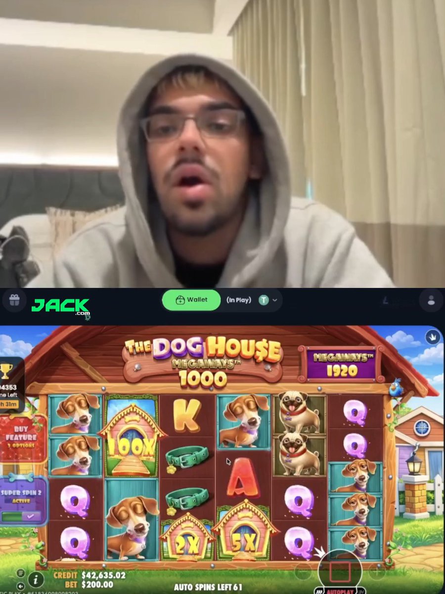 A young man wearing glasses and a gray hoodie is streaming his gameplay of "The Dog House Megaways" slot game on Jack.com with a $200 bet and $42,635.02 credit, featuring multipliers up to 100x on the reels. The image captures his live reaction while playing the game he's questioning whether it's "broken" due to frequent wins.
