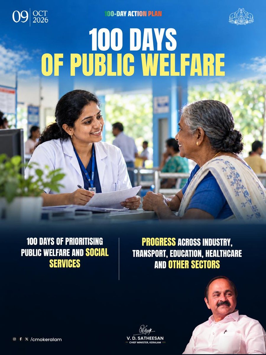 vdsatheesan's tweet photo. Promises Delivered, Progress Realized: 100 Days of Transformative Governance in Puthuyuga Keralam

Standing as a testament to people-centric development and resolute political will, the 100-day action plan of the UDF-led State Government has achieved a proud milestone. Out of the 588 targeted projects across 50 departments, 568 (96.6%) have been fully implemented. The remaining 20 projects have crossed over 90% completion. Out of a total of 1,737 project components, 1,681 have become a reality. While 42 departments achieved a 100% success rate, implementation in the remaining 8 departments is in its final phase.

Key departmental achievements ensuring the holistic progress and public welfare of our land:

 * Civil Supplies: Ensured free food grains to 2.56 lakh underprivileged individuals through 73,024 priority ration cards.

 * Backward Classes Development: Fully disbursed pending educational benefits worth ₹180 crore to 1.7 lakh students; provided ₹200 crore in loan assistance.

 * Revenue & Registration: Swiftly resolved 53,208 pending land conversion applications; distributed title deeds (pattayam) to 6,523 families; waived liabilities in 58,000 undervaluation cases.

 * Labour & Transport: Set up 'GigOn' rest centers for gig workers; introduced night-time KSRTC women’s services and WOMN vending machines at bus stands.

 * Agriculture & Forests: Raised rubber support price to ₹250; increased wildlife attack compensation to ₹21 lakh; set up 14 smart Krishi Bhavans in Wayanad.

 * Fisheries: Launched the 'She Scooter' scheme with a 75% grant, aimed at the self-reliance of coastal women.

 * General Education: Set up 2,200 robotics labs in schools; provided high-tech digital packages across 5,183 schools.

 * IT & Industry: Infopark Phase 4, targeting ₹3,000 crore in investment and massive job opportunities; AI Center at Digital University; industry status granted to Malayalam cinema.

 * Health & Safety: 'Balyaspandanam' health check-ups across 33,120 Anganwadis; Keralam Police's 'Speak Up Keralam' for women's safety; State Narcotics Control Bureau to combat drug abuse.

 * Infrastructure Development: Commencement of international cargo movement at Vizhinjam Port; 280 MW battery energy storage station at Brahmapuram; 94 km of upgraded roads.
Reaffirming that promises are not mere words but realities, let us march forward together with all-inclusive development toward the creation of a 'Puthuyuga Keralam' !

#100DaysProgramme
#ReimagingingKeralam
#PuthuyugaKeralam
#VDSatheesan
#Keralam