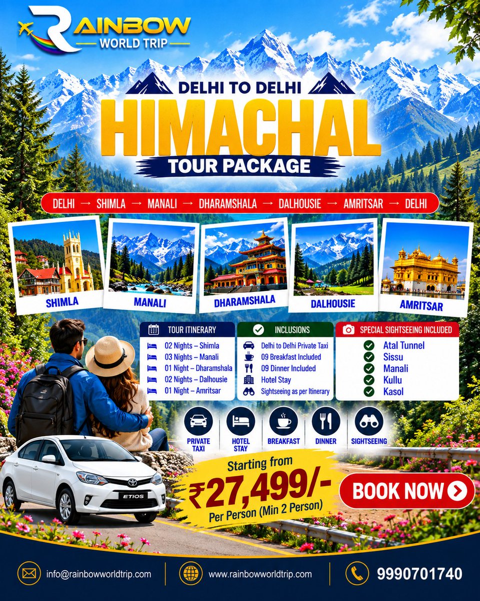 AleksGabryell's tweet photo. Your 9 Nights/10 Days Himachal getaway starts here. Explore Shimla, Manali, Dharamshala, Dalhousie and Amritsar for ₹27, 500 per person. Private taxi, hotel stay, breakfast, dinner and sightseeing included. DM “HIMACHAL” for details. https://t.co/PDFYnz17qU