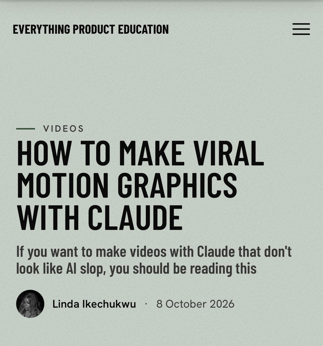 _MsLinda's tweet photo. For everyone’s whose asked, I just published my process for using Claude to make videos that don’t look like AI slop: https://t.co/Cuea3JCVeV