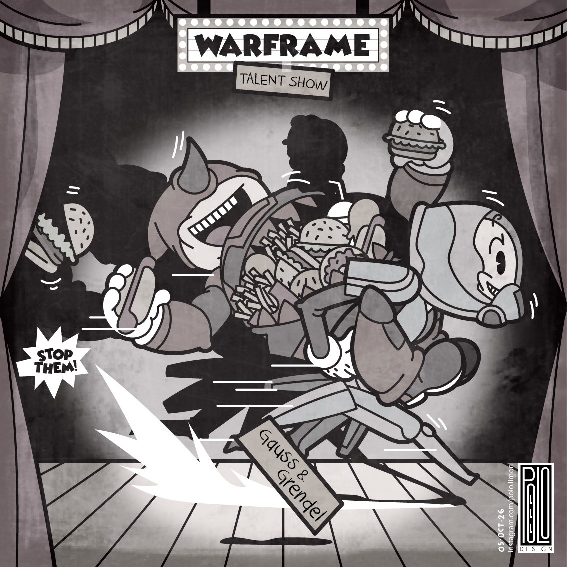 polo_limon_'s tweet photo. Tennotober 2026!

Day 5, Eat &amp; Run

Warframe, but make it a 1930s Fleischer cartoon.
Grendel ate the entire buffet &amp; he cant even roll out now!

Catch Gauss helping him as they escape at high speed off stage!

 #warframe #rubberhose #tennotober #playwarframe #warframefanart https://t.co/jdy07PJ7ij