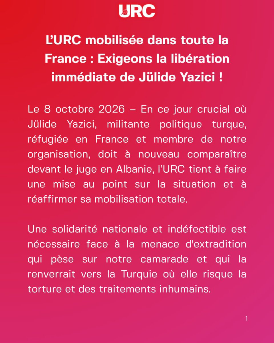 URCommuniste's tweet photo. Liberté pour #JülideYazici ! Sa comparution a été repoussée au 21 octobre,maintenons la pression pour sa libération ! 
1/3 https://t.co/KdKr1KzIwz