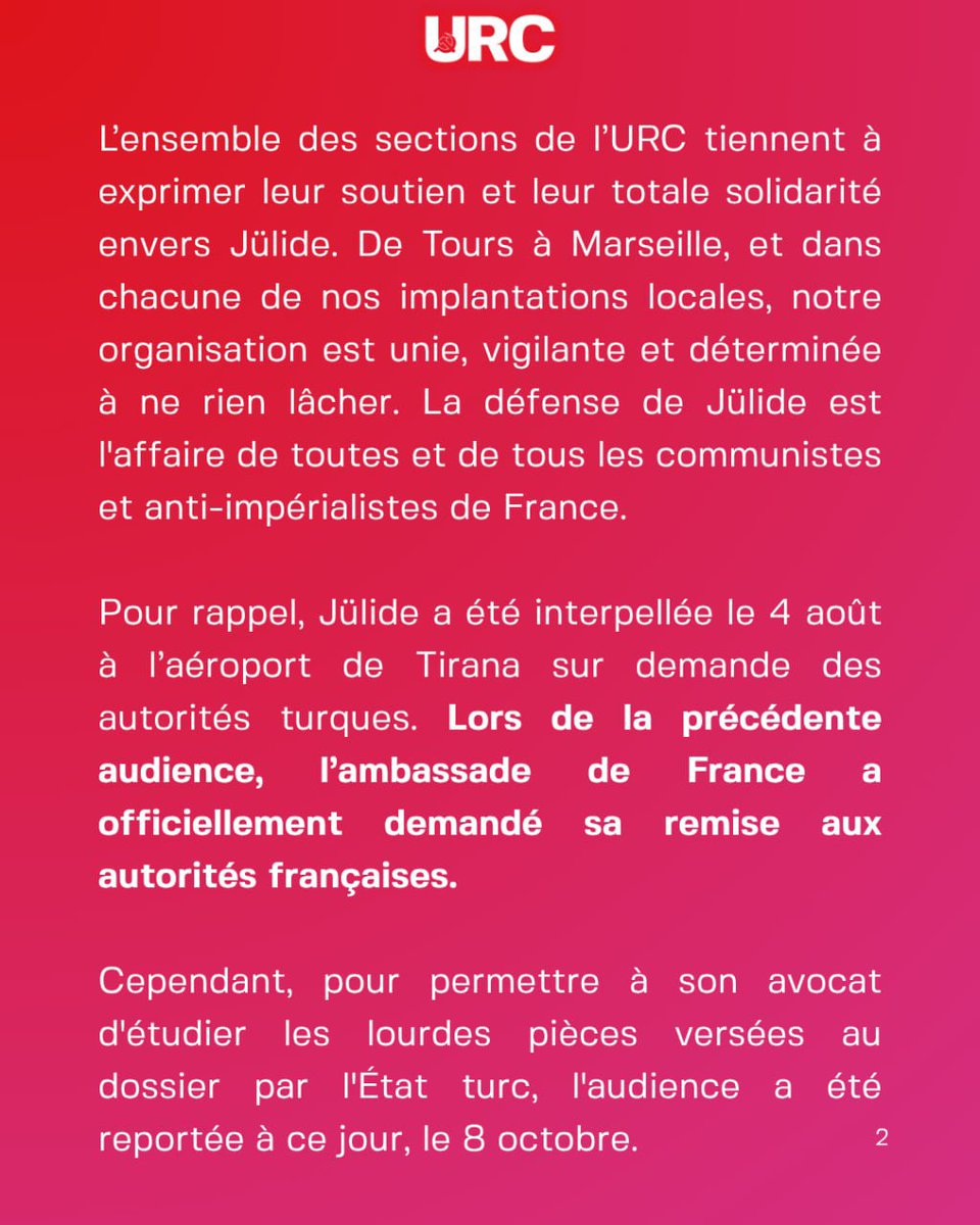 URCommuniste's tweet photo. Liberté pour #JülideYazici ! Sa comparution a été repoussée au 21 octobre,maintenons la pression pour sa libération ! 
1/3 https://t.co/KdKr1KzIwz