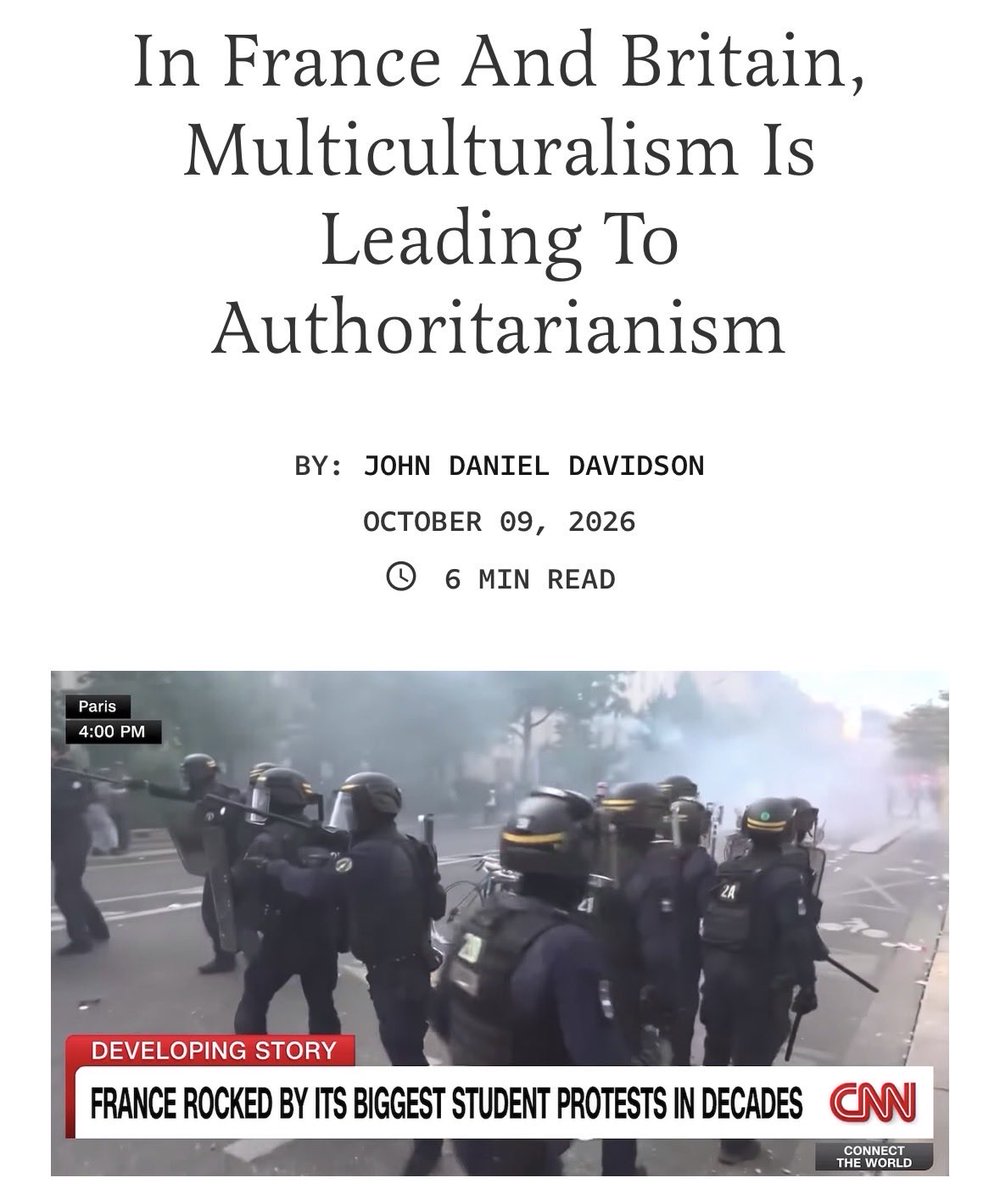 johnddavidson's tweet photo. Something to keep in mind as you watch the rioting in France: mass immigration and state-imposed multiculturalism doesn’t just destroy a country and a people, it also ushers in forms of authoritarian government that become necessary as a way to manage the problems that arise from a population with significant unassimilated ethnic enclaves.

This is why we now see the political leadership of western countries making hard turns toward authoritarianism, and especially against free speech.

Freedom of expression is the one thing you cannot tolerate if the state is going to enforce multiculturalism and impose a large foreign population on a native one. 

Indeed, managing tensions between disparate ethnic groups, and each group’s relationship to the state, is a hallmark of imperial rule, not republicanism.

This what’s unfolding now in Western Europe. It’s going to get worse.